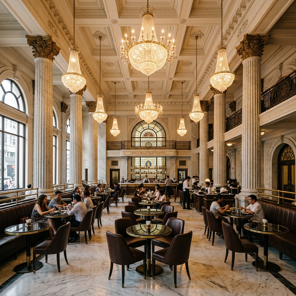 1919 Grand Cafe luxurious neoclassical interior with grand columns and chandeliers